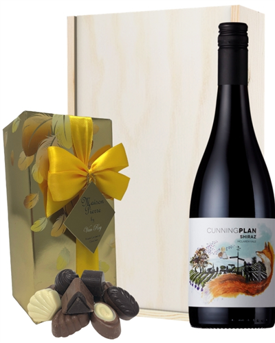 Australian Shiraz Red Wine and Chocolates Gift Set in Wooden Box