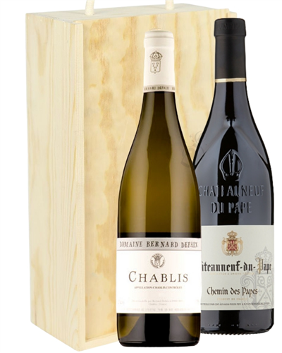 Chablis and Chateauneuf-du-Pape Mixed Two Bottle Wine Gift in Wooden Box