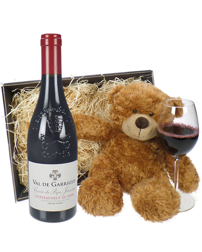 Chateauneuf Du Pape Red Wine and Teddy Bear Gift Basket