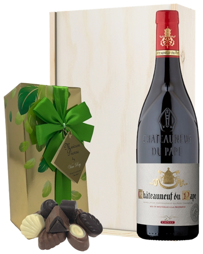 Chateauneuf Du Pape Wine and Chocolates Gift Set in Wooden Box