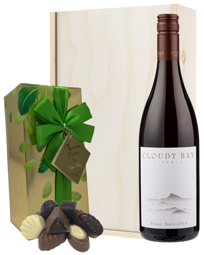 Cloudy Bay Pinot Noir Wine and Chocolates Gift Set in Wooden Box