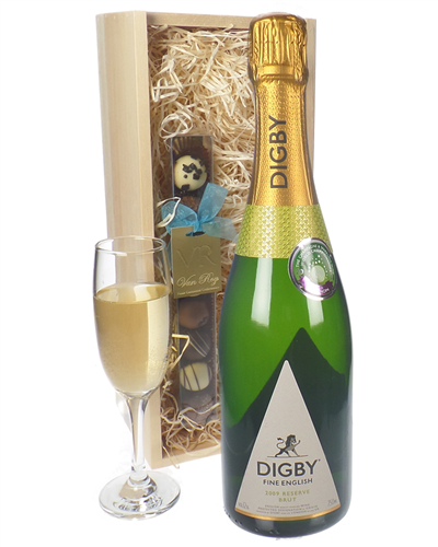 English Sparkling Wine and Chocolates Gift Set in Wooden Box