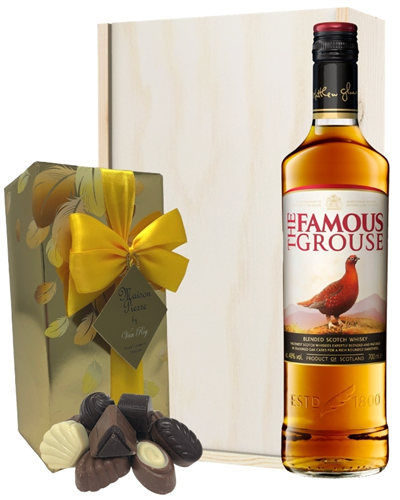 Famous Grouse Whisky And Chocolates Gift Set in Wooden Box