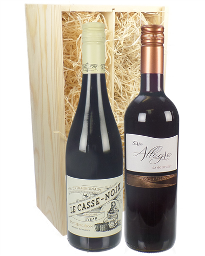 French And Italian Red Two Bottle Wine Gift in Wooden Box