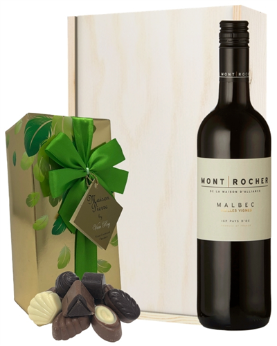 French Malbec Red Wine and Chocolates Gift Set in Wooden Box