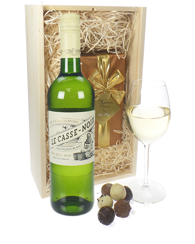 French Sauvignon Blanc Wine and Chocolates Gift Set in Wooden Box
