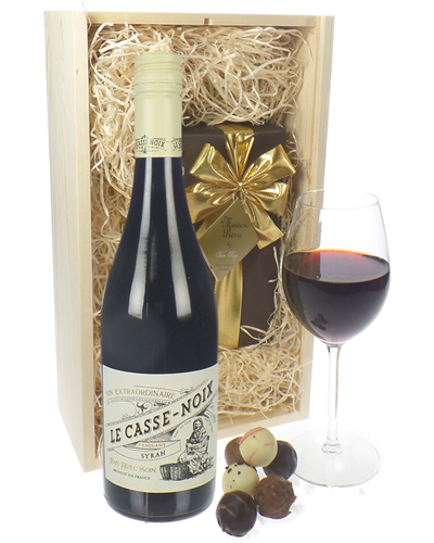 French Syrah Wine and Chocolates Gift Set in Wooden Box