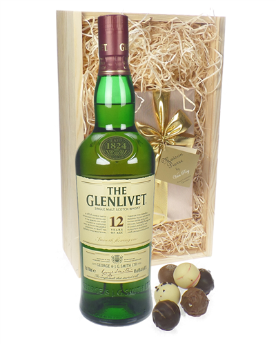 Glenlivet 12 Single Malt Scotch And Chocolates Gift Set in Wooden Box