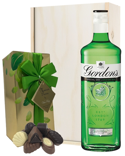 Gordons Gin And Chocolates Gift Set in Wooden Box