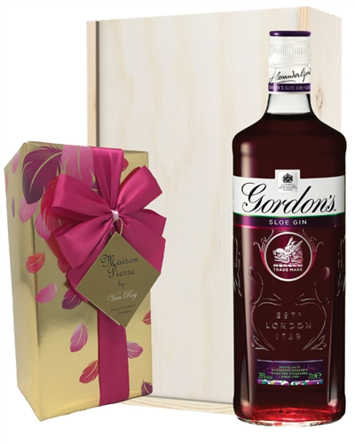 Gordons Sloe Gin And Chocolates Gift Set in Wooden Box