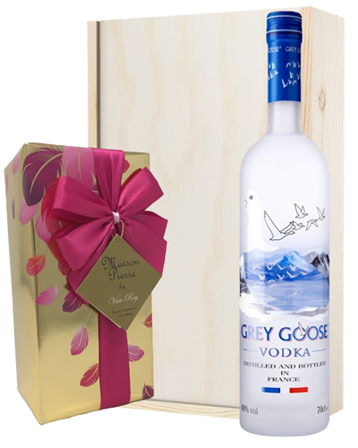 Grey Goose Vodka And Chocolates Gift Set in Wooden Box