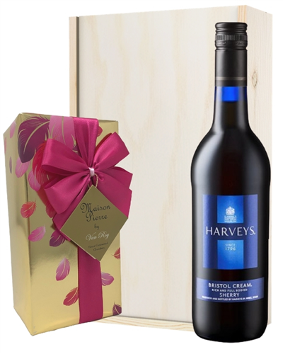 Harveys Bristol Cream And Chocolates Gift Set in Wooden Box