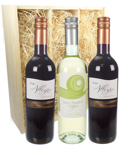 Italian Mixed Three Bottle Wine Gift in Wooden Box