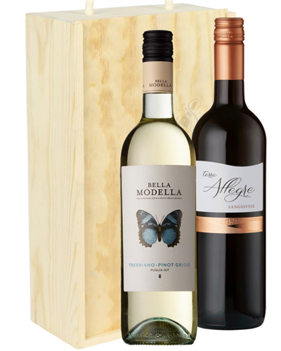 Italian Mixed Two Bottle Wine Gift in Wooden Box
