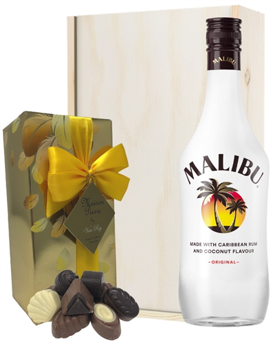 Malibu And Chocolates Gift Set in Wooden Box