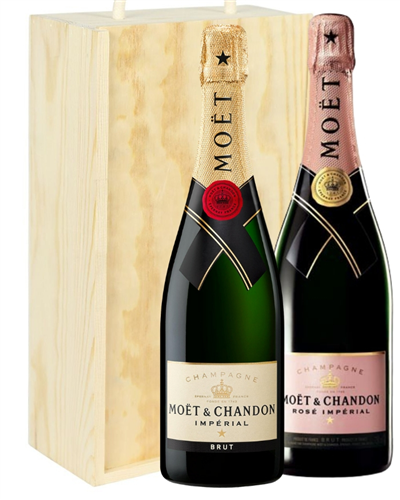 Moet And Moet Rose Two Bottle Champagne Gift in Wooden Box
