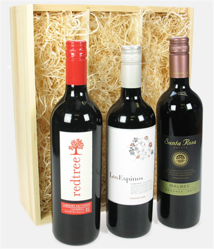 New World Wine Three Bottle Wine Gift in Wooden Box