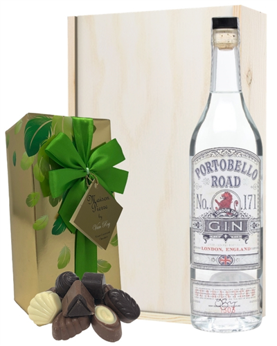 Portobello Road Gin And Chocolates Gift Set in Wooden Box