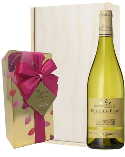 Pouilly Fume White Wine And Chocolates Gift Set in Wooden Box