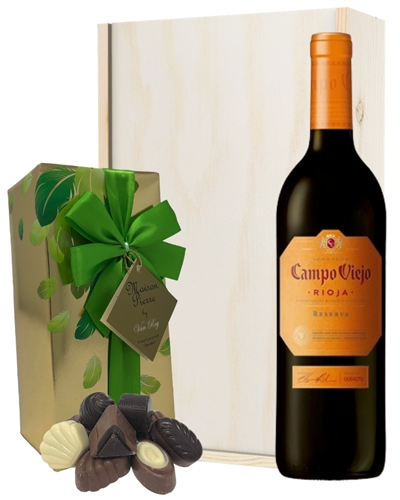 Rioja Reserva Red Wine and Chocolates Gift Set in Wooden Box