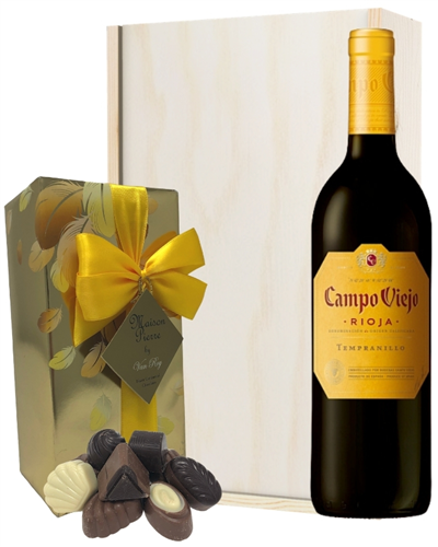 Rioja Tempranillo Red Wine and Chocolates Gift Set in Wooden Box