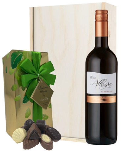 Sangiovese Wine and Chocolates Gift Set in Wooden Box