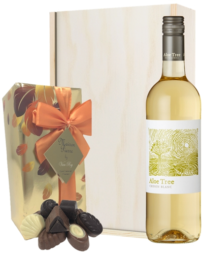 South African White Wine and Chocolates Gift Set in Wooden Box