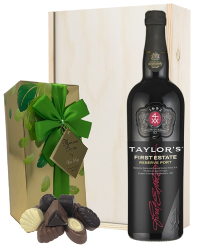 Taylors First Estate Port and Chocolates Gift Set in Wooden Box