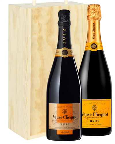 Veuve Clicquot NV & Vintage Two Bottle Champagne Gift in Wooden Box